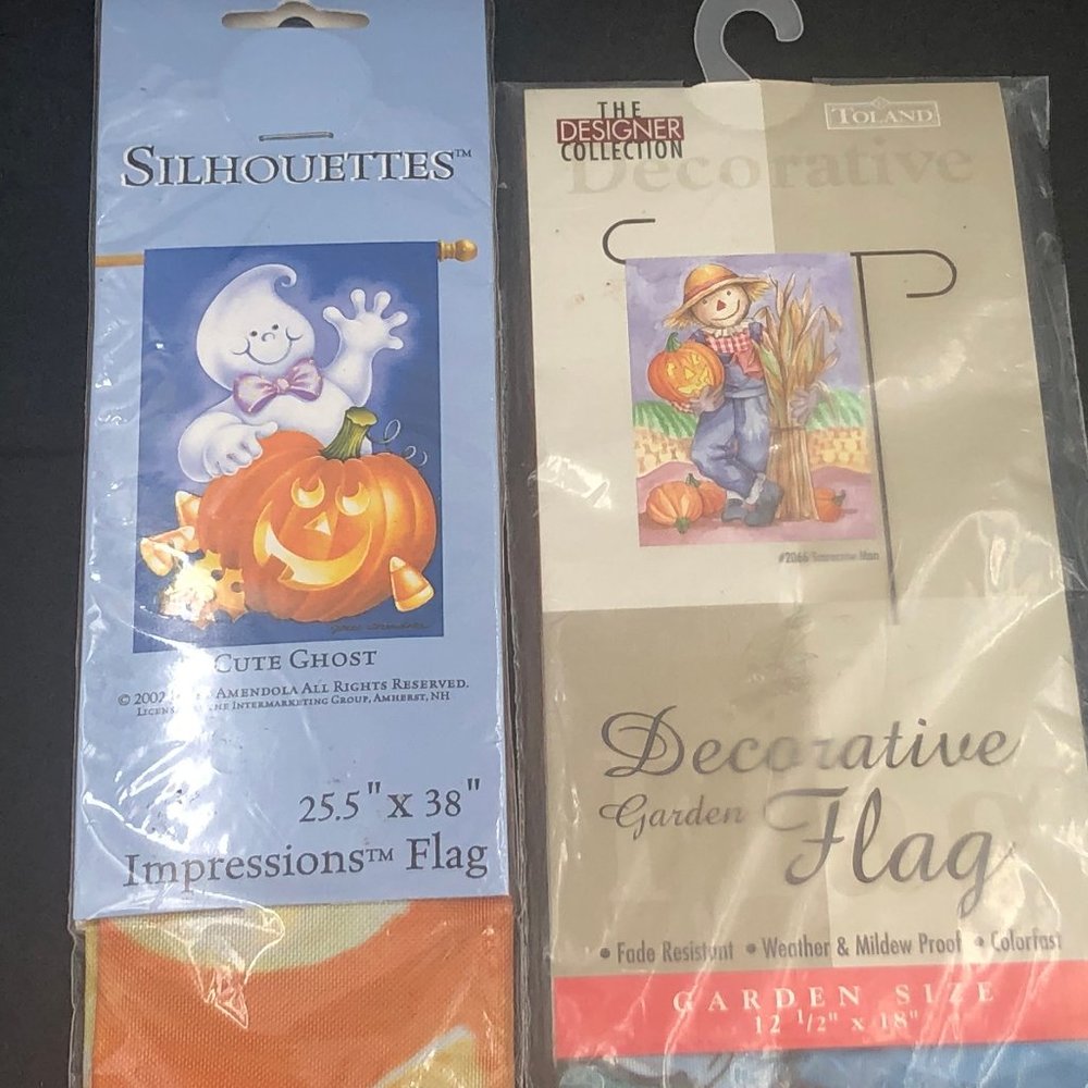 Halloween Silhouettes Cute Ghost lg Flag + Toland Scrarecrow Man Mini Flag LOT